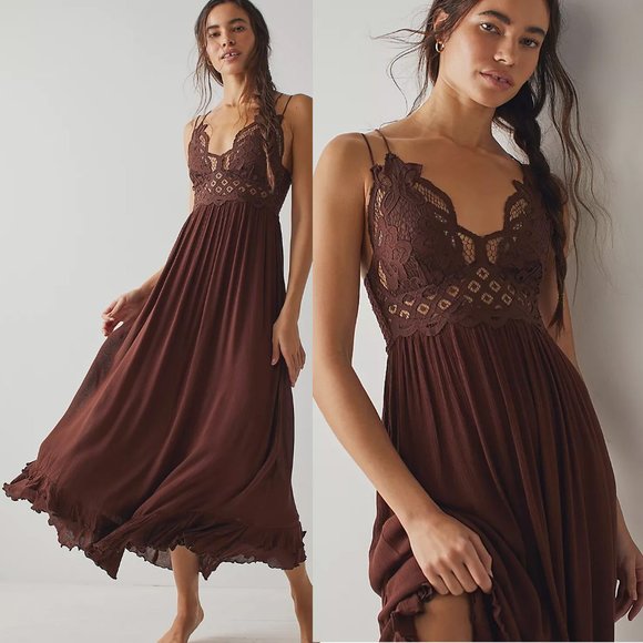 NEW Free People FP One Adella Long Maxi Slip Dress Crochet Lace Chocolate $128 L - Picture 10 of 10